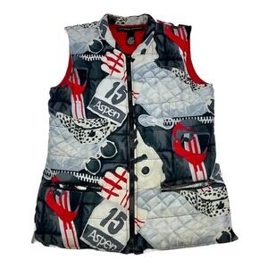Adrienne Vittadini VTG Quilted Puffer Vest Ski Aspen Print‎ Full Zip Womens S